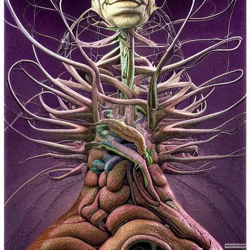 Image similar to nightmare etherreal iridescent vascular nerve bundles pearlescent spinal chord horror by Naoto Hattori, Zdzislaw, Norman Rockwell, Studio Ghibli, Anatomical cutaway