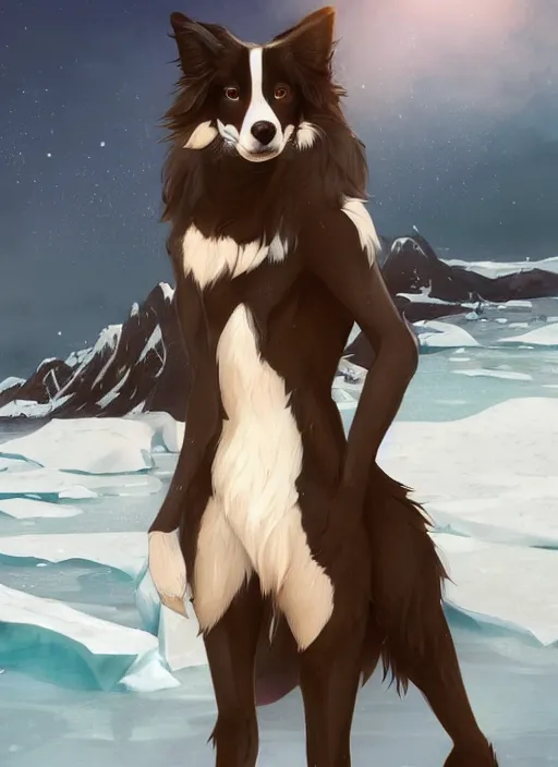 Image similar to beautiful wide angle full body portrait of a cute male anthropomorphic anthro border collie fursona wearing a swimsuit in antarctica, character design by charlie bowater, henry asencio, and ross tran, scenic background, detailed, glamor pose, aesthetic, furry, trending on artstation, furaffinity, deviantart