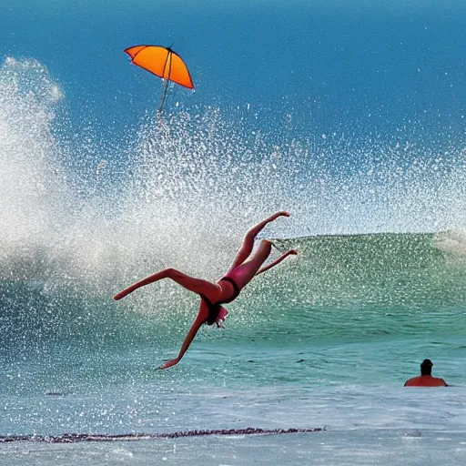 Prompt: At our beach, at our magic beach, we swim in the sparkling sea, surfing and splashing and jumping the waves, shrieking and laughing with glee