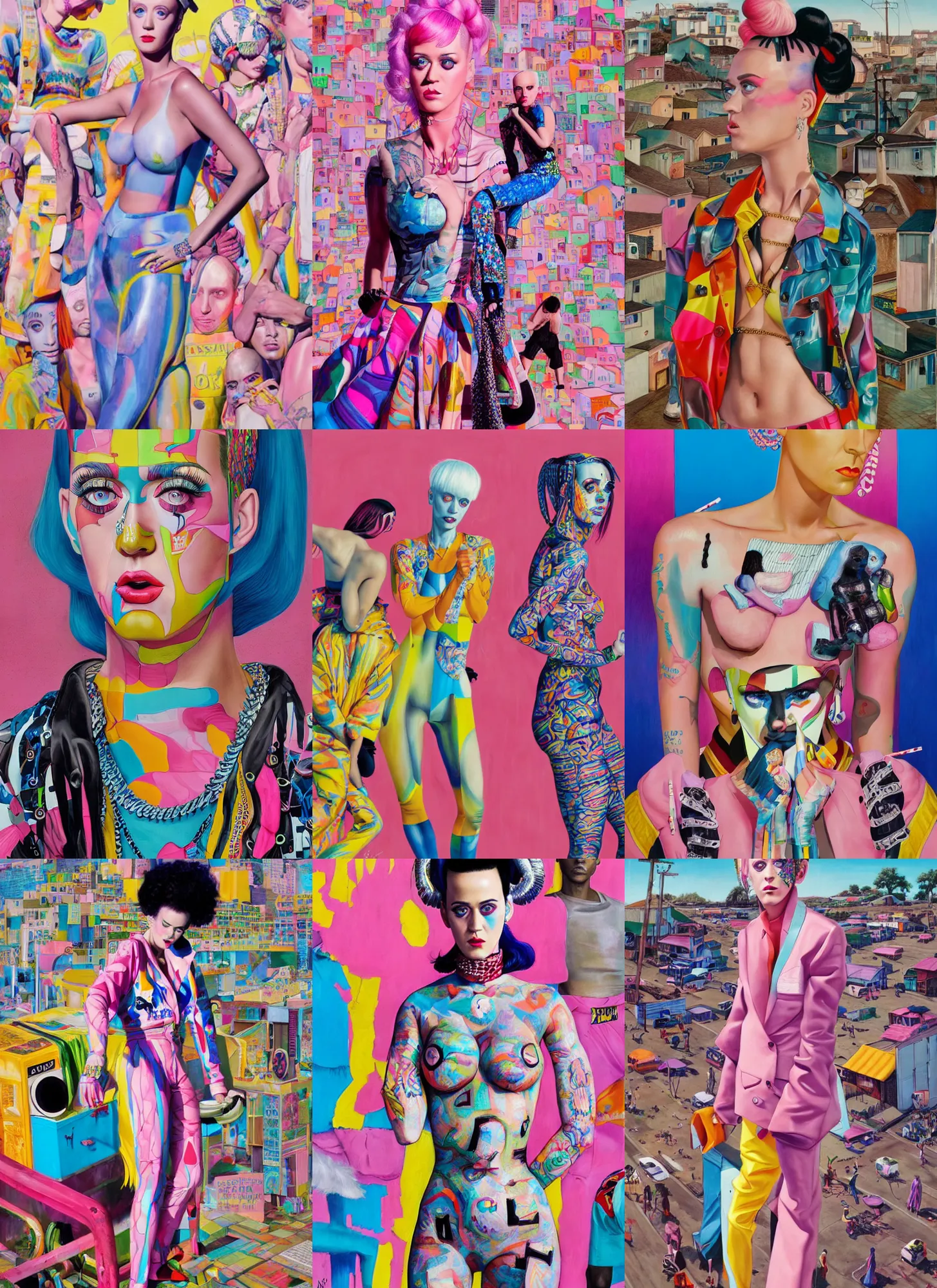 Prompt: still from music video of katy perry from die antwoord standing in a township street, street fashion clothing,! haute couture!, full figure painting by martine johanna, njideka akunyili crosby, rossdraws, pastel color palette, 2 4 mm lens