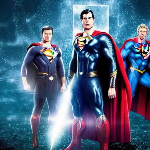 Image similar to Ultra-high resolution. Thor, Superman and Dr. Manhattanin in the Fortress of Solitude. Thor holding Mjolnir, Mjolnir shooting out lightning bolts, Vegvesir symbol in background.