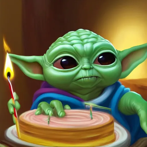 Prompt: (baby yoda) smashing his hand into his birthday cake with candles, mischievous, inquisitive, devious, hilarious, funny, by Tyler Edlin