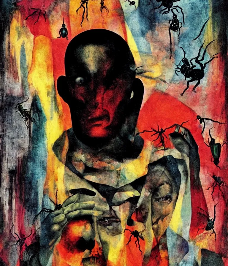 Prompt: Beautiful colorful Minimalist!! Horror Movie Poster made for the film Kafka's the Metamorphosis (1952) Starring Peter Lorre and a Beetle and Kafka's father, photo collage and oil painting by H R Giger and Man Ray, trending on artstation dramatic lighting minimalist! collage 8k