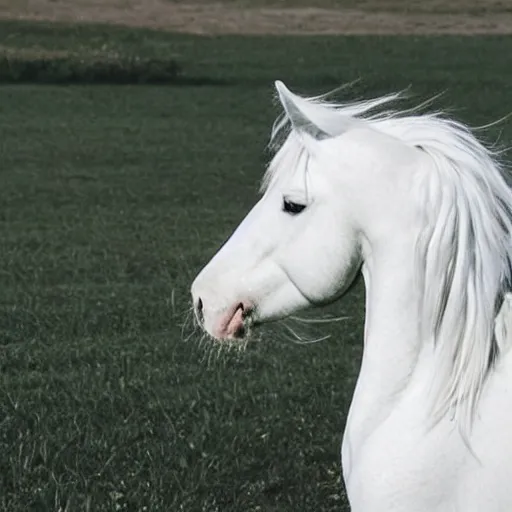 Prompt: a photo of a beautiful white horse with long •••••curly••••• hair