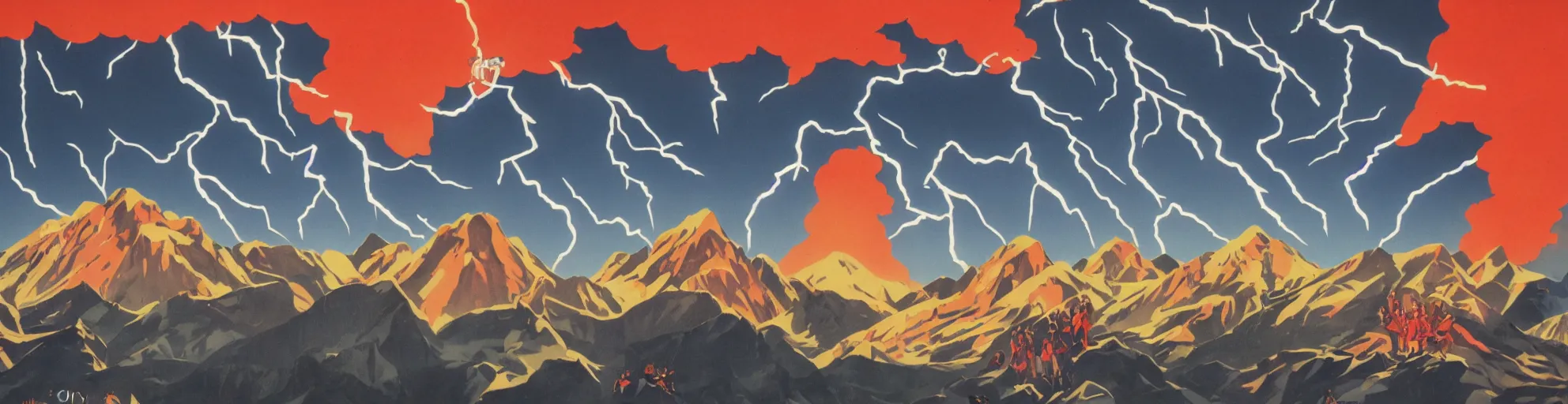 Image similar to solar montain with lightning bolts in 1940s propaganda poster