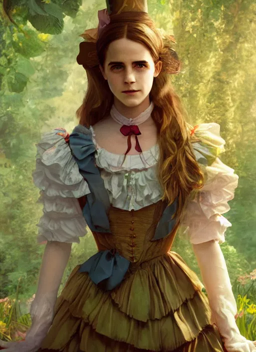 Image similar to portrait of alice in the wonderland as emma watson, hyper detailed, digital art, cinematic lighting, studio quality, smooth render, unreal engine 5, octane rendered, art style by klimt and nixeu and ian sprigger and wlop and krenz cushart.