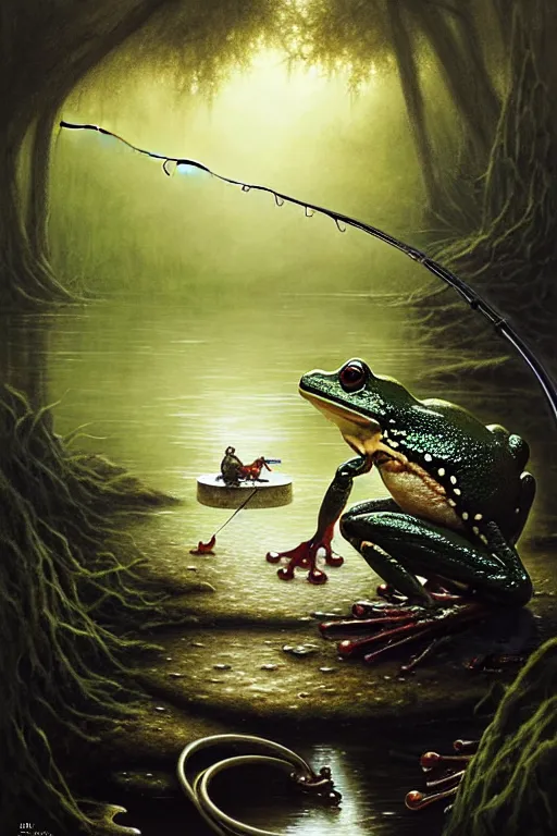 Image similar to frog fishing with a fishing pole by the water by anna podedworna, ayami kojima, greg rutkowski, giger, maxim verehin