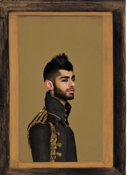 Prompt: portrait of zayn malik as an elf by turner, only one head single portrait, pointy ears, wearing a black leather napoleonic military jacket