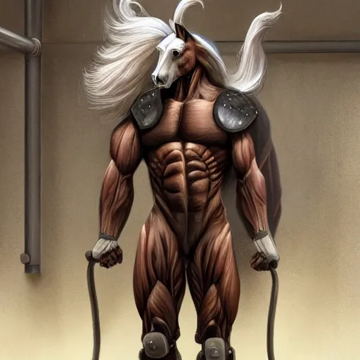 Prompt: an enormously muscular anthro horse test subject in a research facility wearing a skintight body armor having steroids injected into him, long white mane, equine, anthro art, furaffinity, highly detailed, digital painting, artstation, concept art, illustration, art by artgerm, greg rutkowski, ruan jia