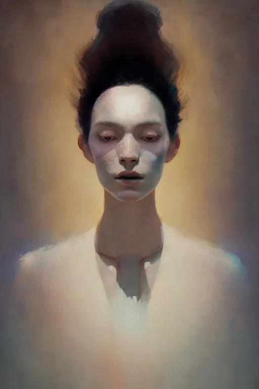 Image similar to of beautiful female, abstract beauty portrait, brush strokes by greg rutkowski, hilma af klint, moebius, victo ngai, sharp focus, global illumination, highly detailed, masterpiece, award winning, post processing