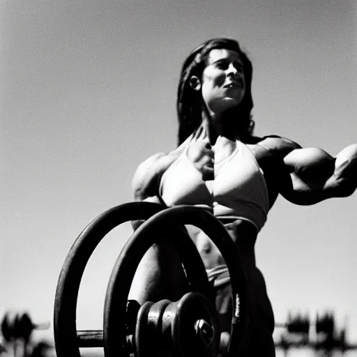 Prompt: cropped photo of muscular bodybuilder woman lifting vintage car tires, film grain, specular highlights, 3 5 mm lens, government archive photograph