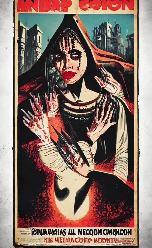 Image similar to 8 k cursed with necronomicon horrorcore cel animation poster depicting dominican woman with sharp nails, intricate faces, metropolis, 1 9 5 0 s movie poster, post - processing, vector art