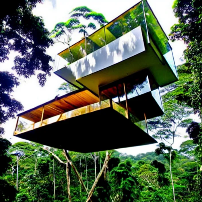 Image similar to cantilevered treehouse in the amazon jungle