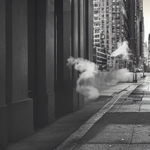 Image similar to ghost under a sheet smoking a cigarette, haunting a NYC sidewalk, trending on artstation, 8k, 4k, volumetric lighting, award-winning, cinematic composition, hd, spooky