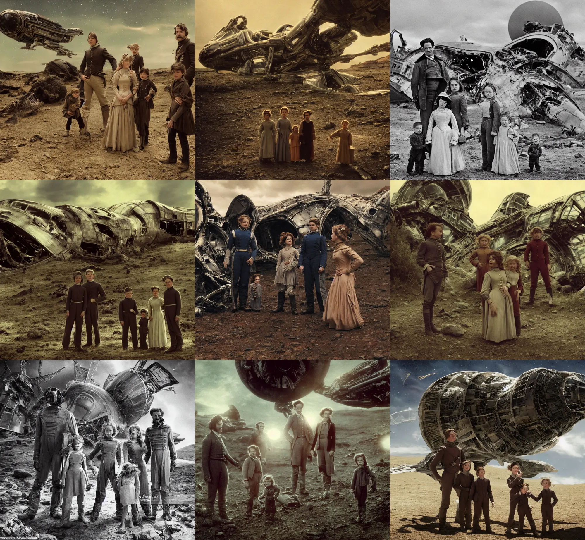 Prompt: extremely sharply detailed, still from blockbuster 9 6 k sci fi color movie freeze frame, set 1 8 6 0, family standing in front of crashed spaceship, on alien planet, looking happy, wearing 1 8 5 0 s era clothes, atmospheric lighting, in focus, reflective eyes, 9 9 9 9 mm macro lens, live action, nice composition and photography, clear facial details