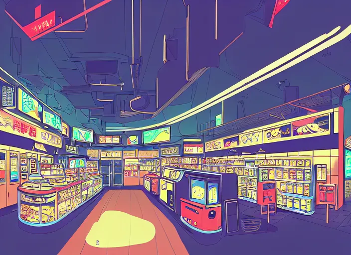 Image similar to lomography, anime background, a detailed airport convenience store interior, glowing, haruhiko mikimoto, hisashi eguchi, lodoss, architectural perspective, dramatic lighting, displays with detailed products, sharpened image, yoshinari yoh