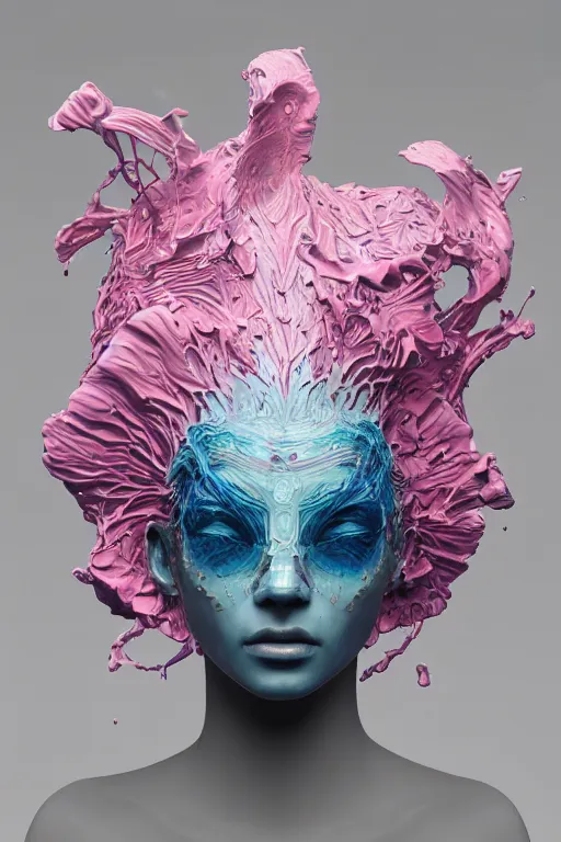 Prompt: epic 3 d abstract sculpture, perlin mesh liquid headdress, 2 0 mm, with pastel pink and cerulean hextech bursting, melting smoothly into other faces, liquid, delicate, beautiful, intricate, houdini sidefx, trending on artstation, by jeremy mann and ilya kuvshinov, jamie hewlett and ayami kojima