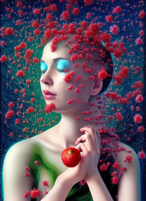 Image similar to hyper detailed 3d render like a Oil painting - Aurora (Singer) Eats of the Strangling Fruit and Her Hands full of gossamer polyp blossoms bring iridescent fungal flowers whose spores black the foolish stars by Jacek Yerka, Mariusz Lewandowski, Houdini algorithmic generative render, Abstract brush strokes, Masterpiece, Edward Hopper and James Gilleard, Zdzislaw Beksinski, Mark Ryden, Wolfgang Lettl, hints of Yayoi Kasuma, octane render, 8k