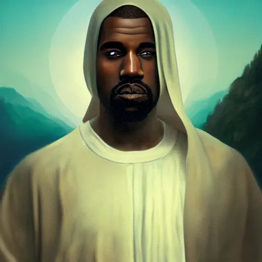 Prompt: winking kanye west as jesus closeup portrait, dramatic light, lake background, 2 0 0 mm focal length, painted by stanley lau, painted by greg rutkowski, painted by stanley artgerm, digital art, trending on artstation