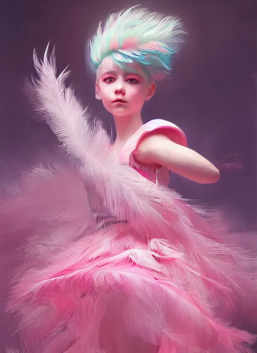 Image similar to beautiful little girl with an pink eccentric haircut wearing an dress made of feathers dancing on stage, artwork made by ilya kuvshinov, inspired in donato giancola, hd, ultra realistic, reflection, flowers, light, realistic face, bird, trending on pixiv, 8 k