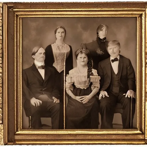 Image similar to Donald Trump and his family as a old west family portrait, sepia