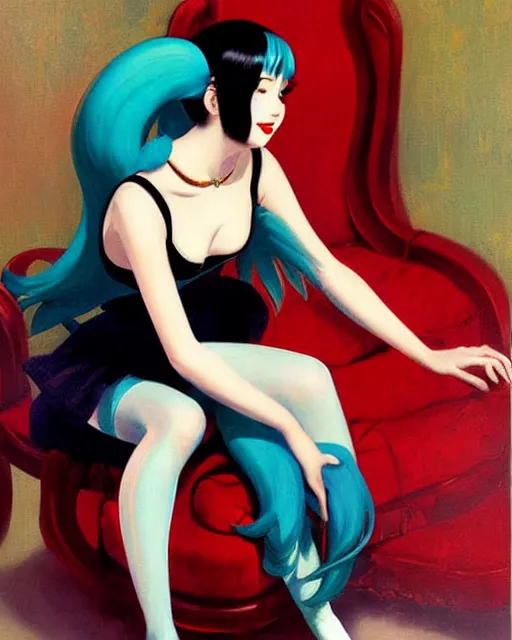 Image similar to A very beautiful painting of hatsune Miku sitting on the chair by Enoch Bolles and Gil Elvgren