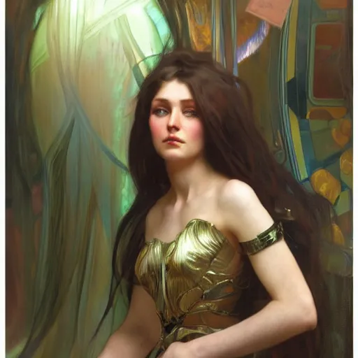 Image similar to hyperrealist portrait of a pretty young gynoid with large eyes and long hair standing in front of a computer simulation by jeremy mann and alphonse mucha, fantasy art, photo realistic, dynamic lighting, artstation, poster, volumetric lighting, very detailed faces, award winning