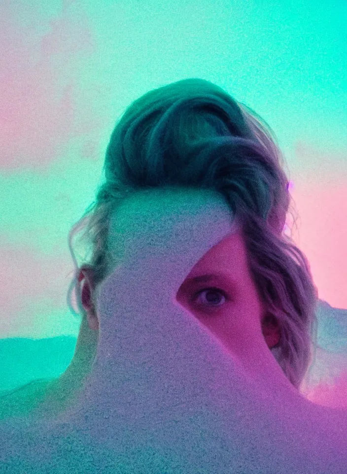 Image similar to high quality pastel coloured film close up photograph of a model in an icelandic black rock!! environment in a partially hazey dreamstate world. three point light, rainbow. photographic production. art directed. pastel colours. volumetric atmosphere. pastel gradient overlay. waves glitch artefacts. extreme facial silliness. 8 k. filmic.