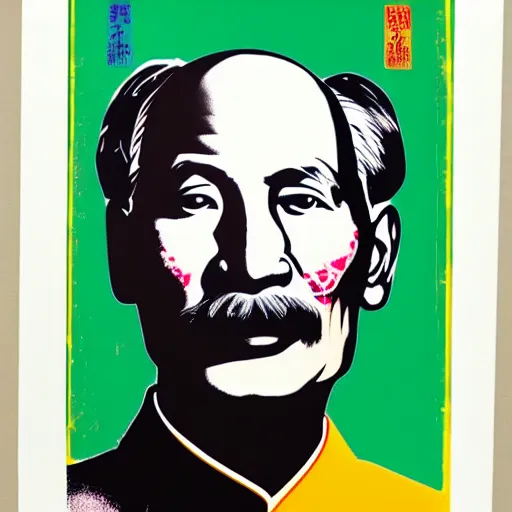 Prompt: a colorful portrait of Chiang Kai-shek as an Andy Warhol screen print