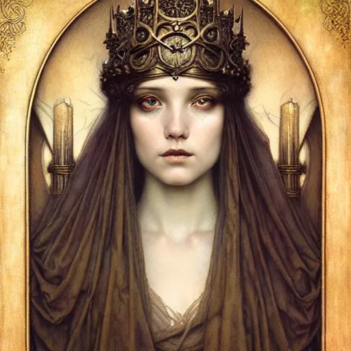 Image similar to detailed realistic beautiful young medieval queen face portrait by jean delville, tom bagshaw, brooke shaden, gustave dore and marco mazzoni, art nouveau, symbolist, visionary, gothic, pre - raphaelite, ornate gilded medieval icon, surreality