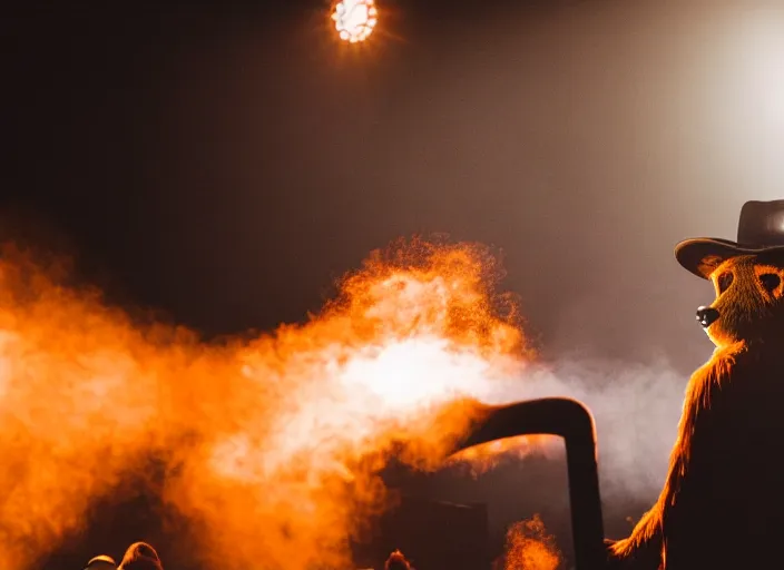 Image similar to photo still of smokey the bear on stage at vans warped tour!!!!!!!! at age 3 3 years old 3 3 years of age!!!!!!!! shredding a shovel, 8 k, 8 5 mm f 1. 8, studio lighting, rim light, right side key light