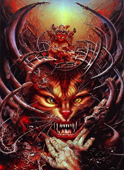 Prompt: realistic detailed image of a demon-cat eating vladimir putin in hell of . by Ayami Kojima, Amano, Karol Bak, Greg Hildebrandt, and Mark Brooks, Neo-Gothic, gothic, rich deep colors. Beksinski painting, part by Adrian Ghenie and Gerhard Richter. art by Takato Yamamoto. masterpiece