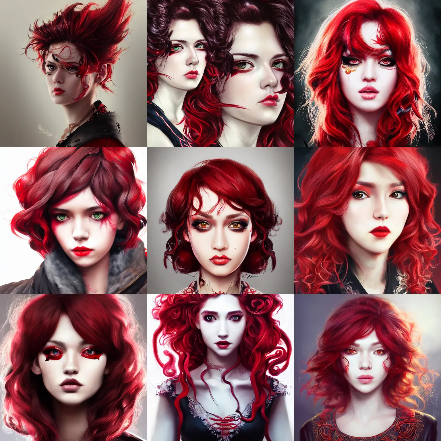 Prompt: a realistic illustration portrait of a beautiful kazumisquirt with curly black and red hair, black eyeliner, trending on artstation, hyper - realistic lighting, intricate, ross tran
