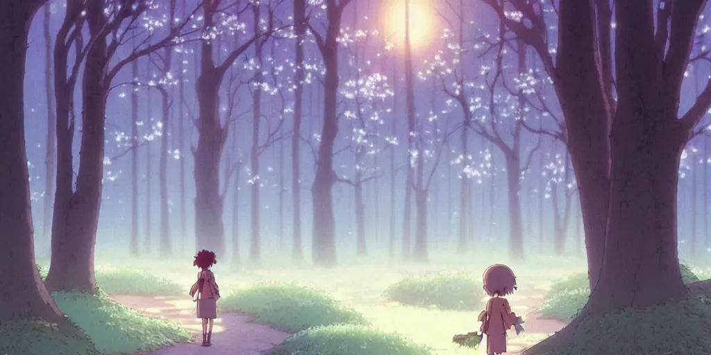 Image similar to the girl and the misty morning. anime visual of a cozy village in a magical forest. calm and peaceful mood. morning mist. illustrated by hayao miyazaki. anime production by studio ghibli. high quality, visually stunning, majestic, fall, official media