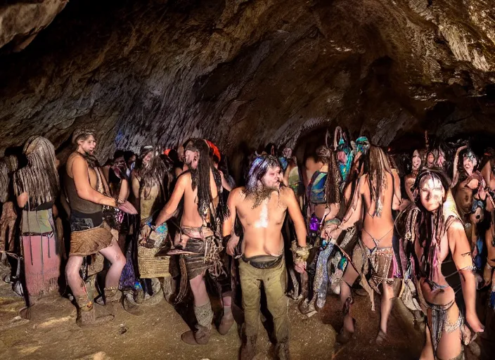 Image similar to neolithic people at a psytrance festival in a cave