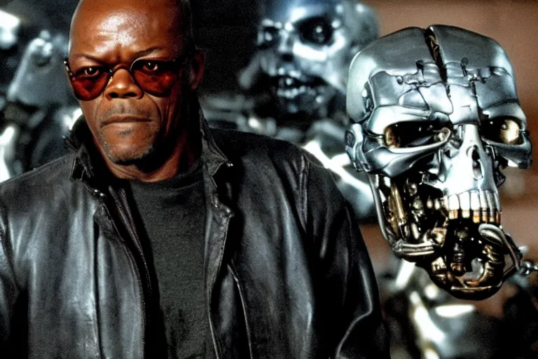 Image similar to Samuel L. Jackson plays Terminator and his endoskeleton is visible, portrait, scene from the film