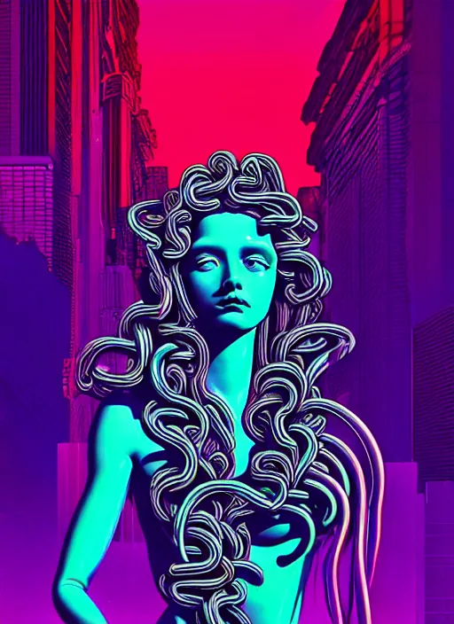 Image similar to statue of medusa, beeple, android jones, liam wong, ( ( ( ( ( dan mumford ) ) ) ) ), vaporwave, retrowave, black background, neon wiring, black, glitch, strong contrast, cuts, pinterest, trending on artstation