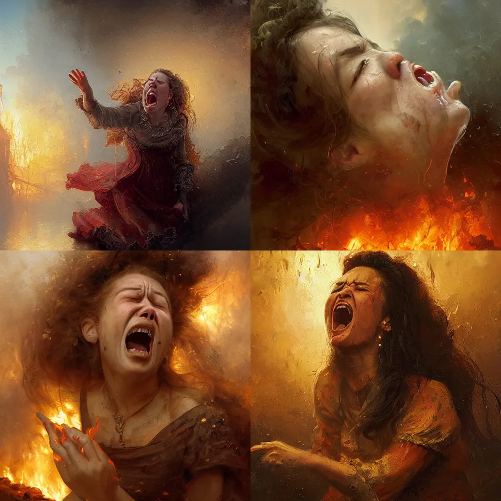 Prompt: very very very closeup of a noblewoman screaming in despair as her home burns, by Greg Rutkowski Thomas Kincade, detailed, 4k, cinematic, intense, gritty, fantasy, two characters, tragedy, faces visible, tears