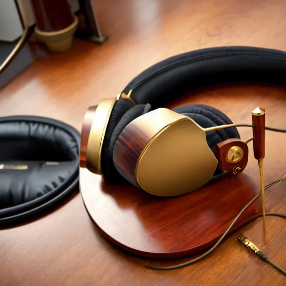 Prompt: beautiful well designed meze classics headphones gold metal, wood cups, leather padding, on a mahogany desk next to a vacuum amp, modernist headphones, wood headphones hyperrealistic, audiophile, intricate high detail, extreme quality, photographic, meze audio, sennheiser