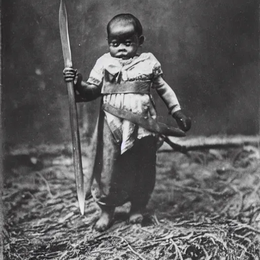 Image similar to a photograph of a baby with a machete taken in 1 8 9 0