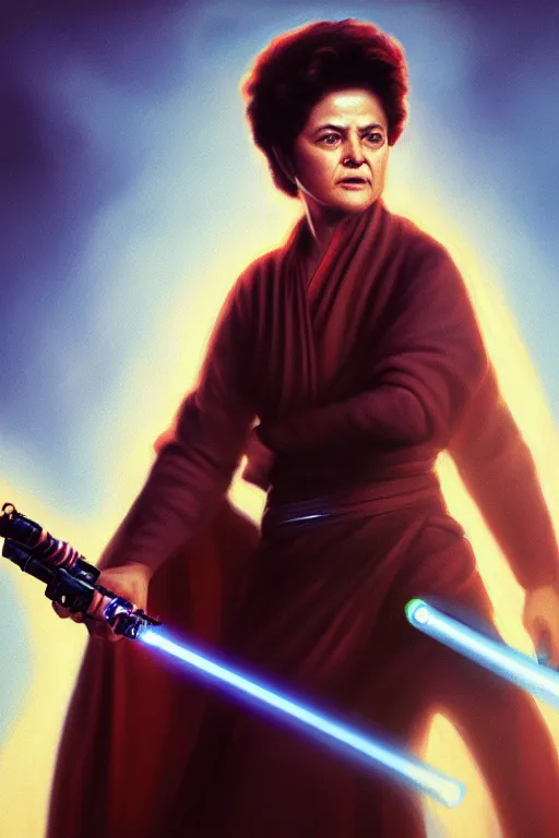 Image similar to breathtaking detailed concept art painting of a jedi dilma rousseff holding a lightsaber, by hsiao - ron cheng, exquisite detail, extremely moody lighting, 8 k