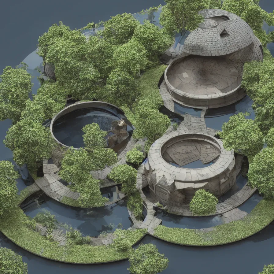 Image similar to architectural model, isometric view, 3 d render, studio lighting, low contrast, dark background, highly detailed, a circular house with circular courtyards floating on water at the edge of a lake, tree