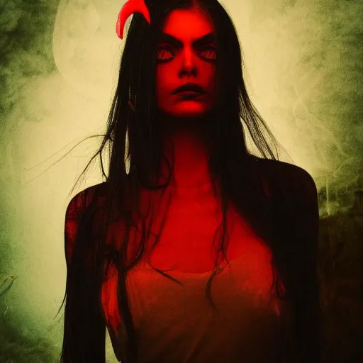 Prompt: high quality photo of a beautiful demon girl .moody and melanchony with accents of yellow and red.