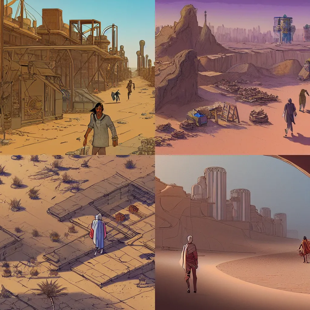 Prompt: a traveller walks towards a desert industrial city, brimming with inhabitants in the style of moebius, concept art, illustraction