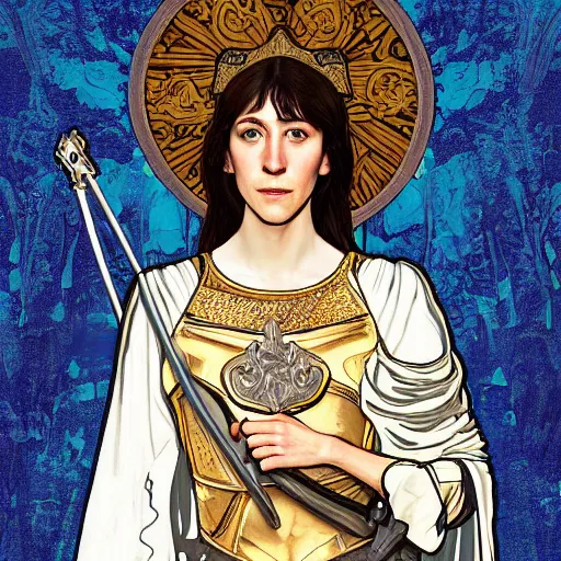 Prompt: portrait of charlotte gainsbourg as joan of arc in armor, hyperrealistic digital painting, iconography influenced by alphonse mucha and eugene delacroix, arstation and deviantart trends, high resolution 8 k