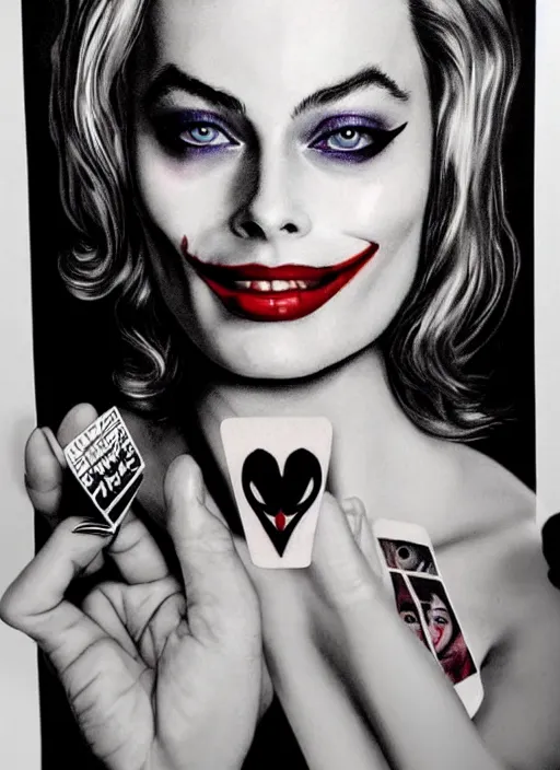 Prompt: tattoo design of beautiful margot robbie portrait with joker makeup, holding an ace card, in the style of den yakovlev, realistic face, black and white, realism tattoo, hyper realistic, highly detailed