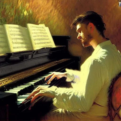 Image similar to attractive man, playing piano, painting by gaston bussiere, craig mullins, greg rutkowski, alphonse mucha