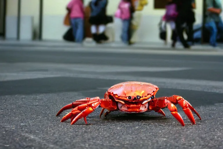 Image similar to a cute crab robot, in 2 0 0 2, at a mall, street style, royalcore, low - light photograph, photography by tyler mitchell