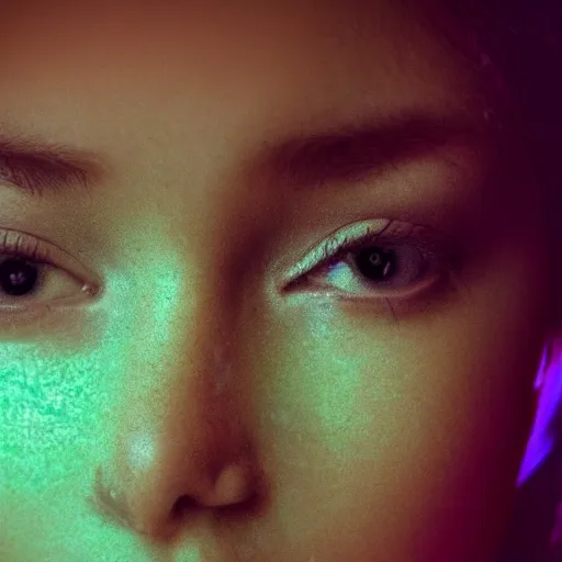 Image similar to realistic composition of closeup of a girl face in dark room at old crt monitor, we can see green letter reflected on her face, photo shot on an old film