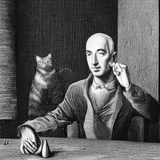 Prompt: portrait of a jeff bezos playing ping pong with mark zuckerberg, gothic, cat eyes, hair waving in the wind, high detail, illustration by gustav dore